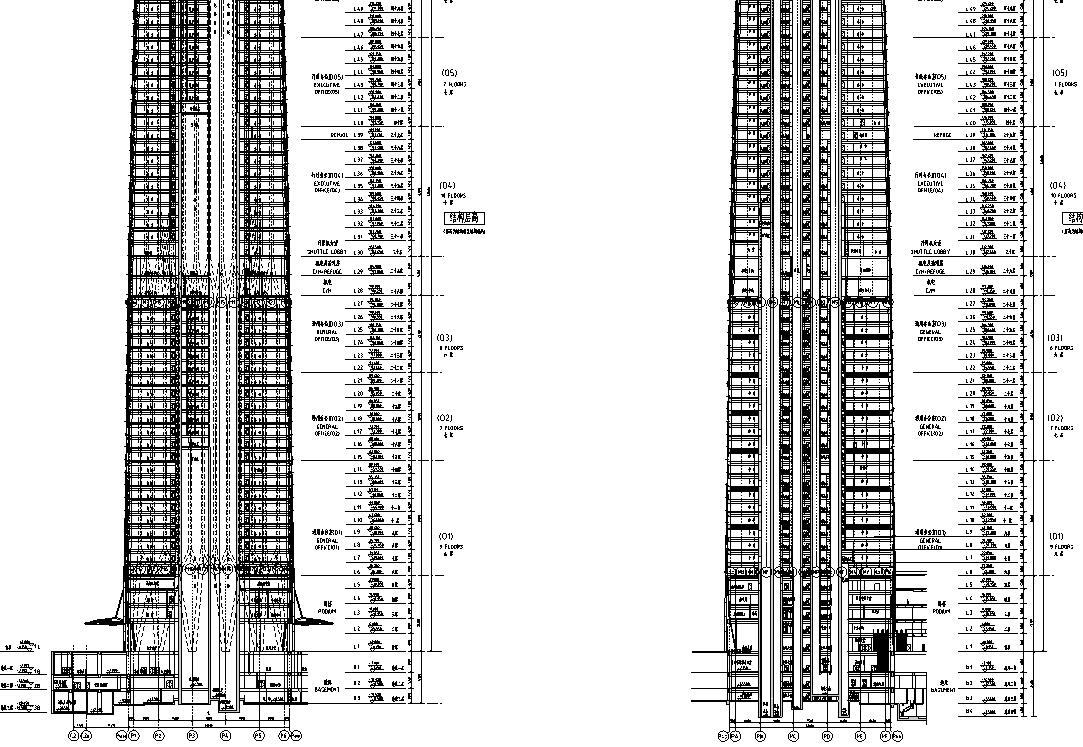 超高层知名办公综合体塔楼写字楼建筑施工图设计（74层）施工图下载【ID:165944108】