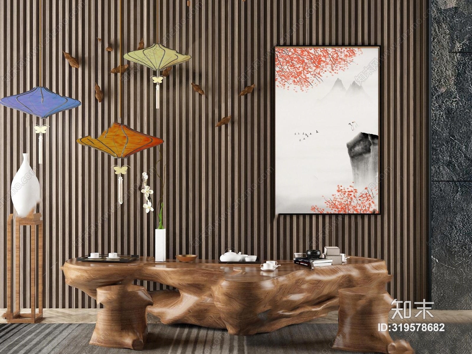 新中式实木茶桌椅3D模型下载【ID:319578682】