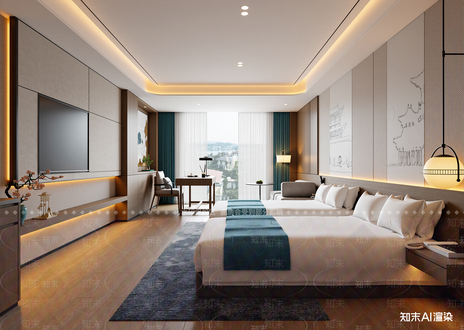新中式酒店客房3D模型下载【ID:1214950062】