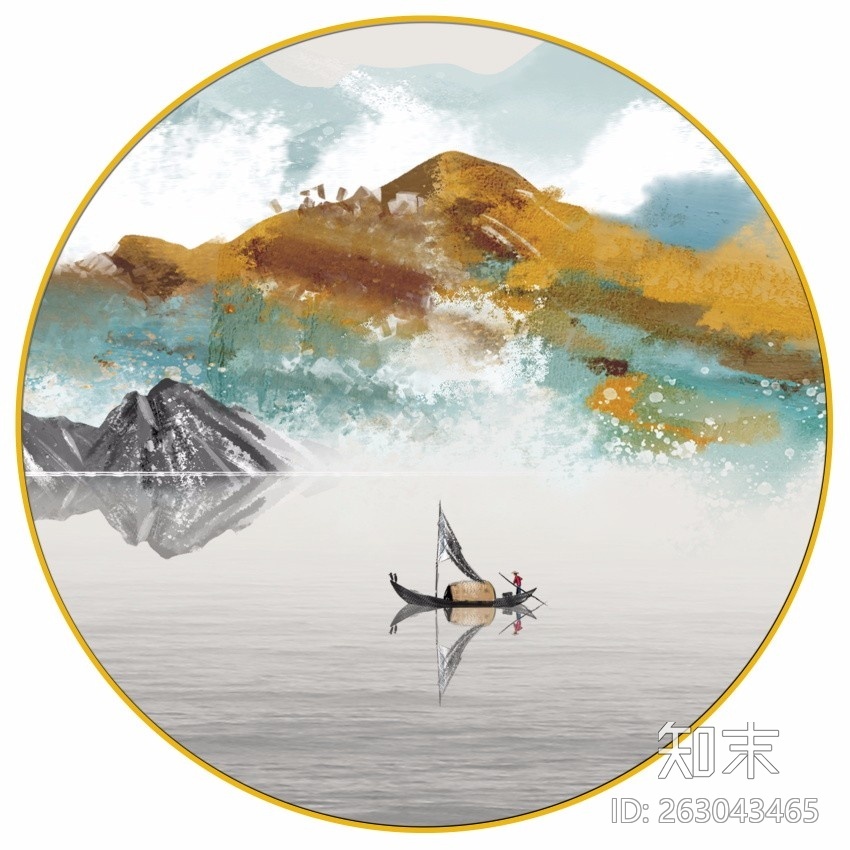 圆形新中式禅意水墨山水画贴图下载【ID:263043465】