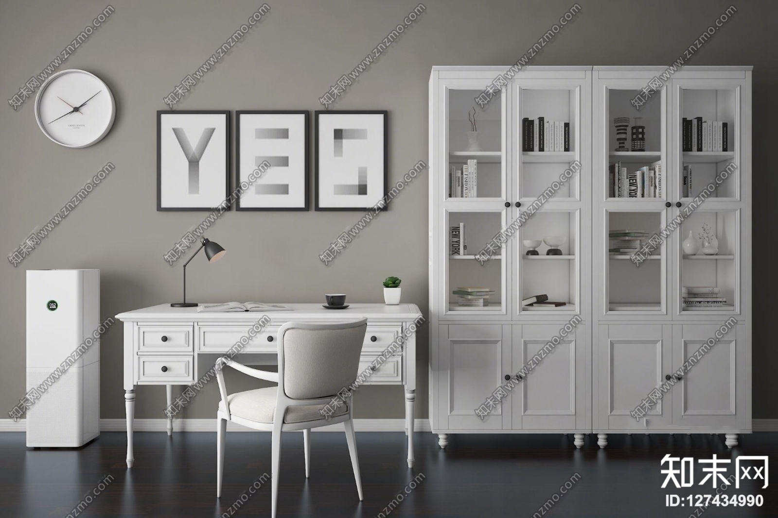 美式书桌椅书柜组合3D模型下载【ID:127434990】
