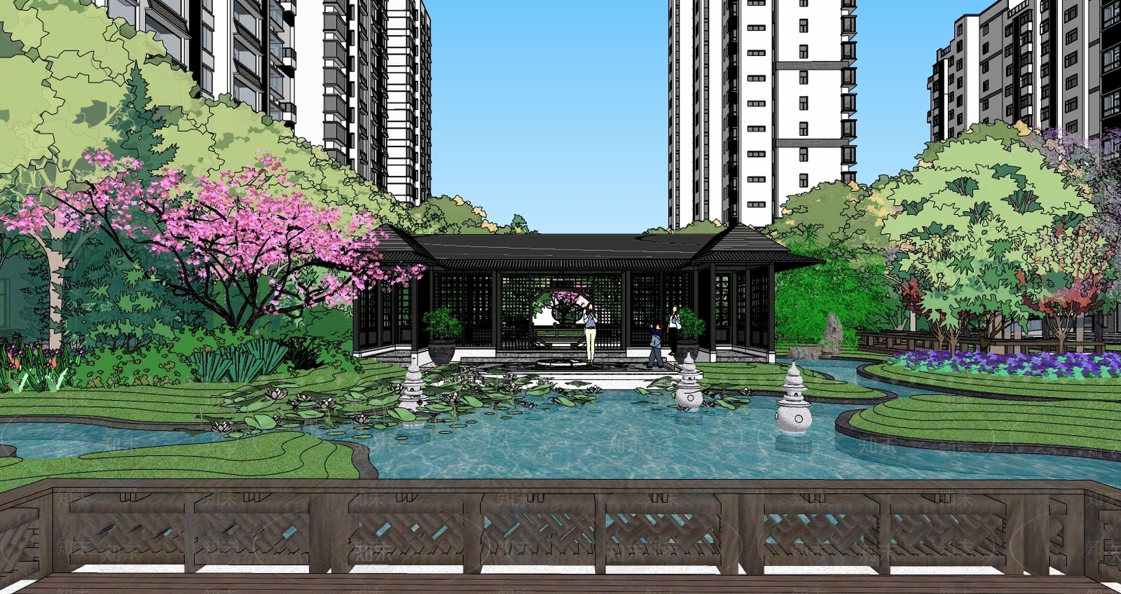 新中式小区景观SU模型下载【ID:176075171】