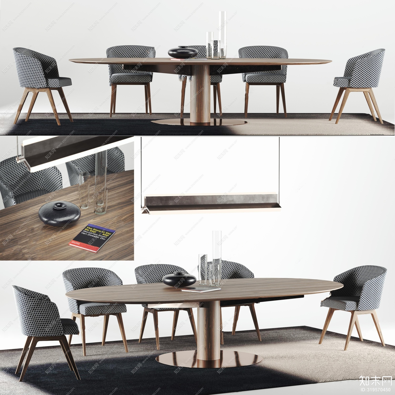 北欧实木椭圆形餐桌椅花瓶摆件3D模型下载【ID:319570450】