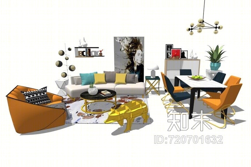 爱马仕轻奢风格客厅餐厅家具组合SU模型下载【ID:720701632】