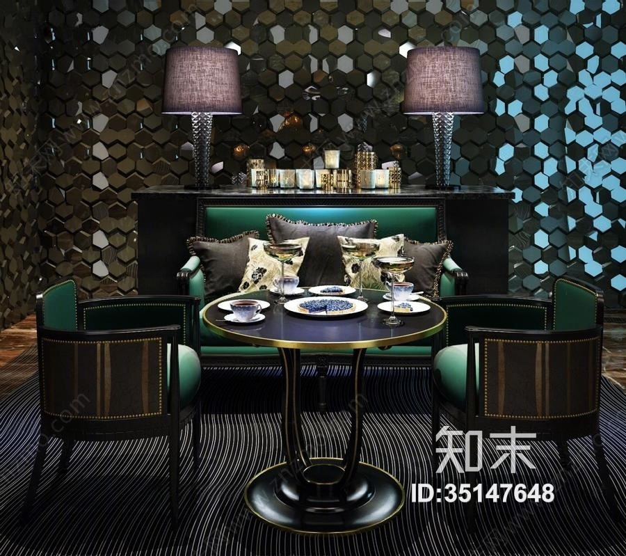 欧式新古典酒店餐桌椅沙发创意墙3D模型下载【ID:35147648】