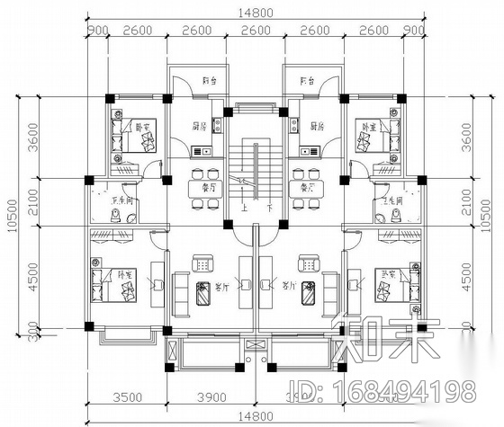 板式多层一梯二户二室一厅一卫户型图(80/80)cad施工图下载【ID:168494198】