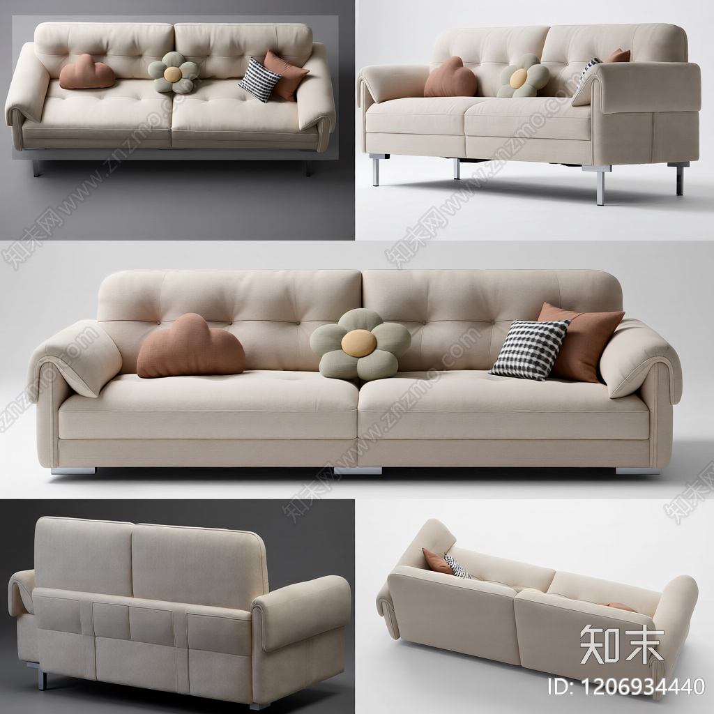 米色布艺沙发带抱枕3D模型下载【ID:1206934440】