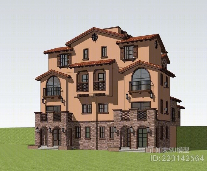 西班牙双拼别墅SU模型下载【ID:223142564】