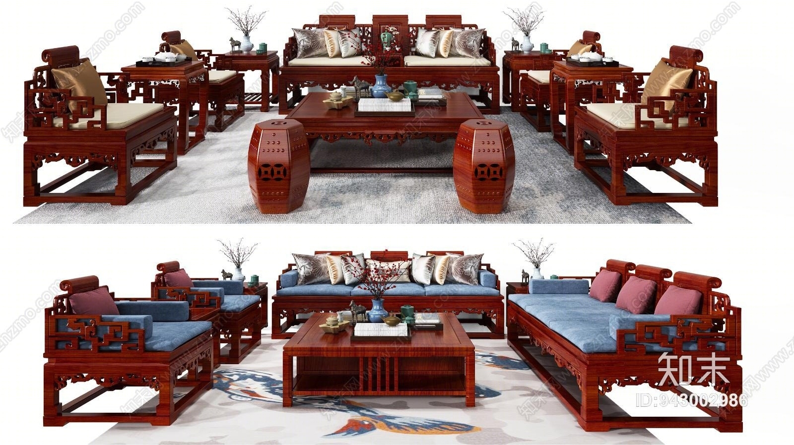中式古典红木沙发茶几组合3D模型下载【ID:943002986】