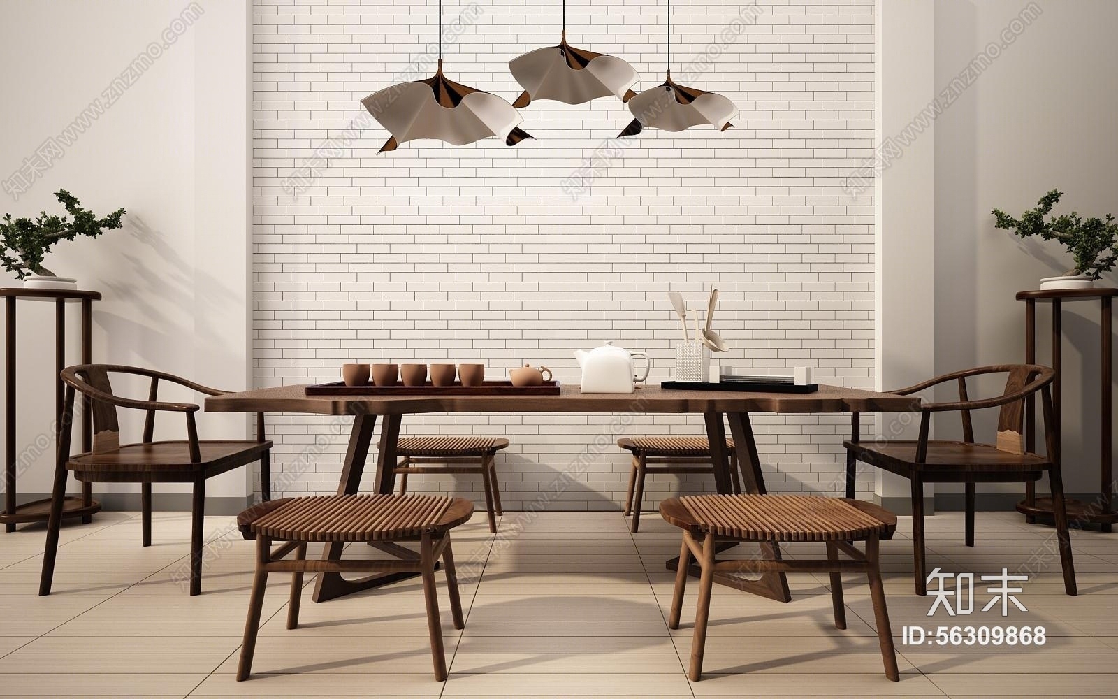 中式餐桌椅泡茶桌摆件盆栽组合3D模型下载【ID:56309868】