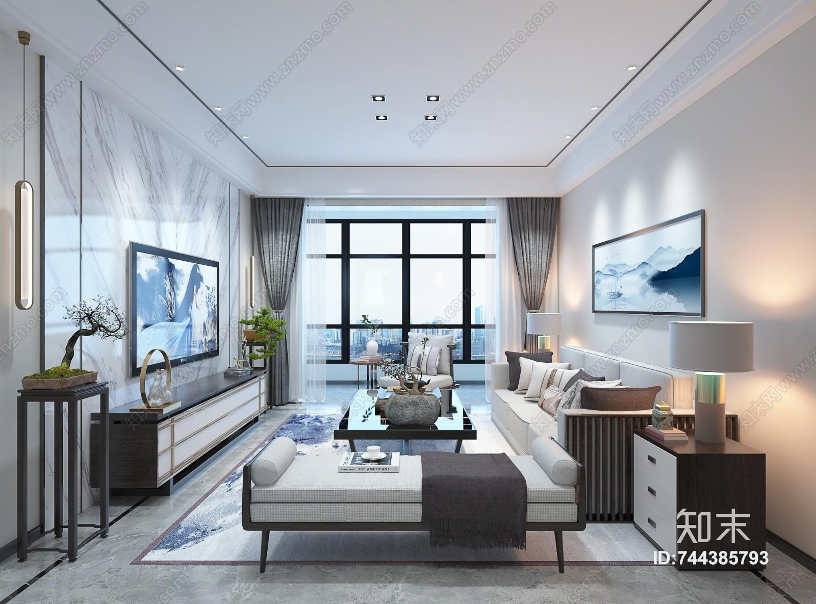 新中式客厅餐厅卧室卫生间电视柜装饰画屏风3D模型下载【ID:744385793】