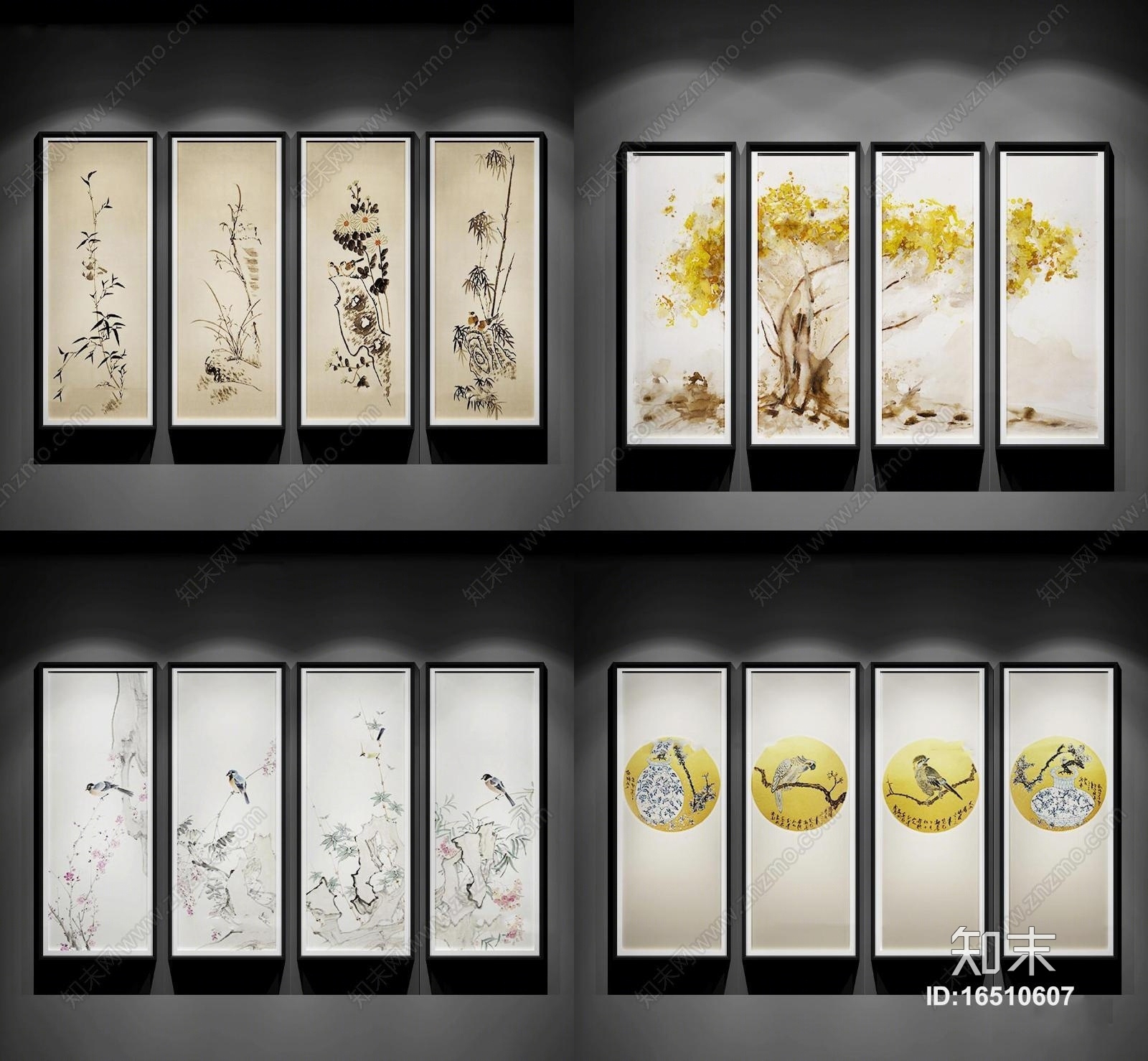 新中式手绘花草装饰画组合3D模型下载【ID:16510607】