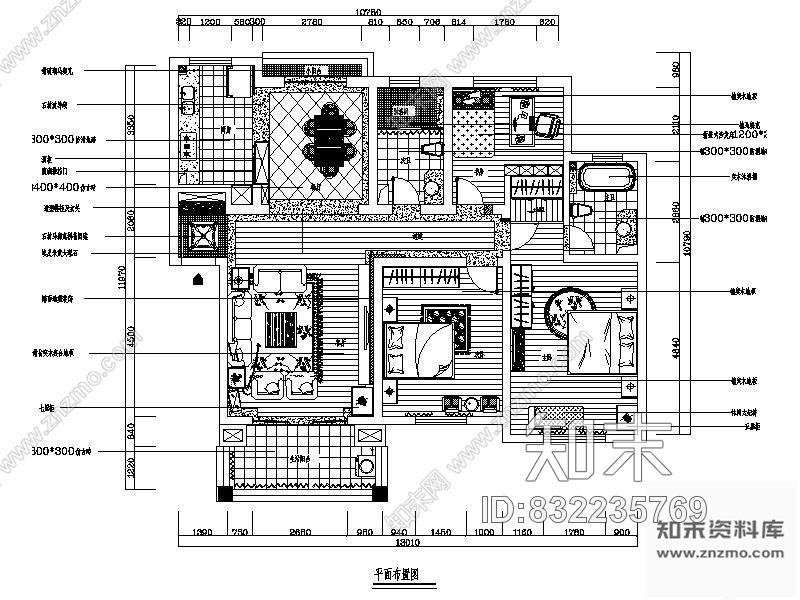 图块/节点三室二厅平面方案cad施工图下载【ID:832235769】