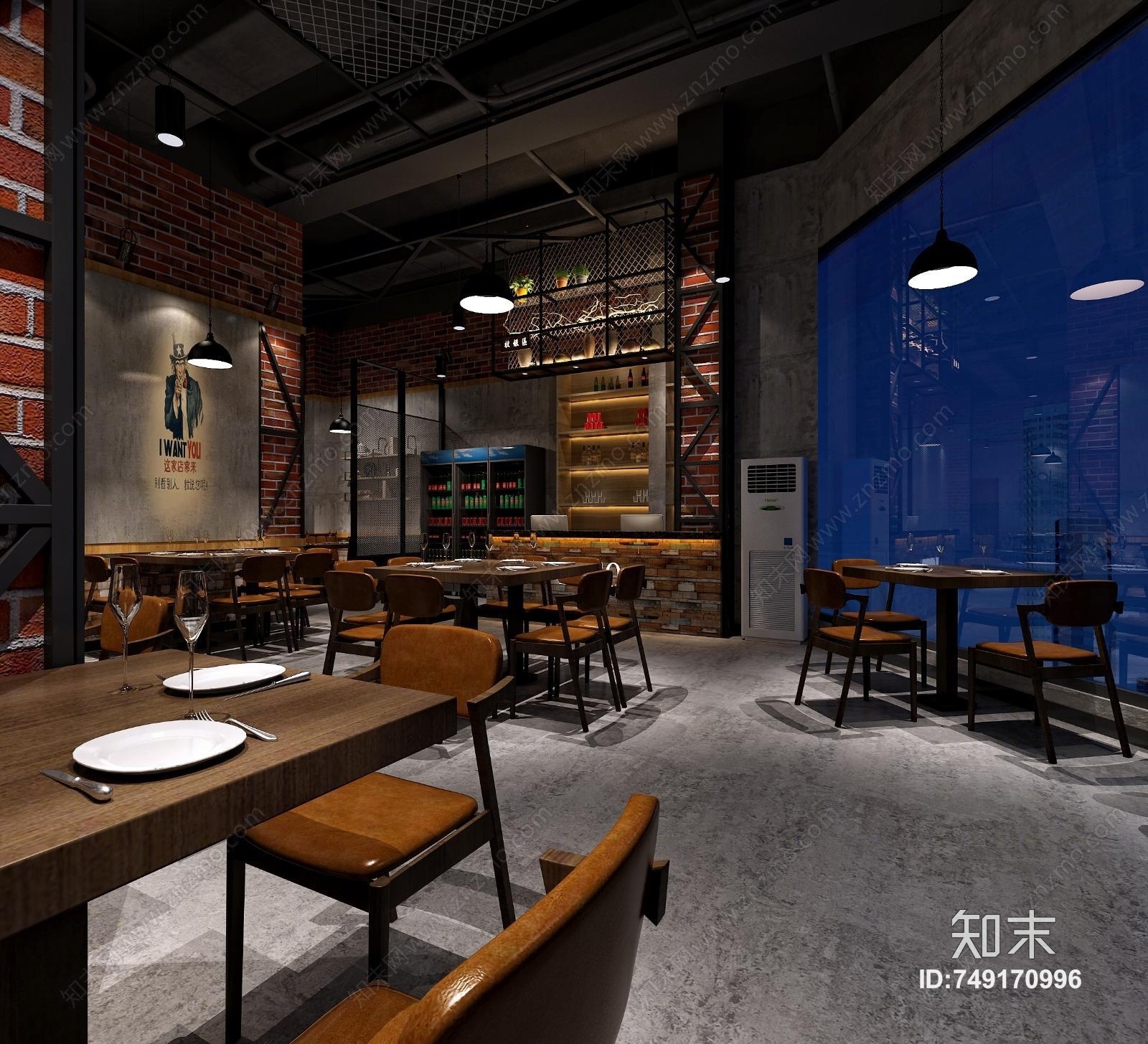 工业风工业烧烤店餐饮餐厅吧台3D模型下载【ID:749170996】