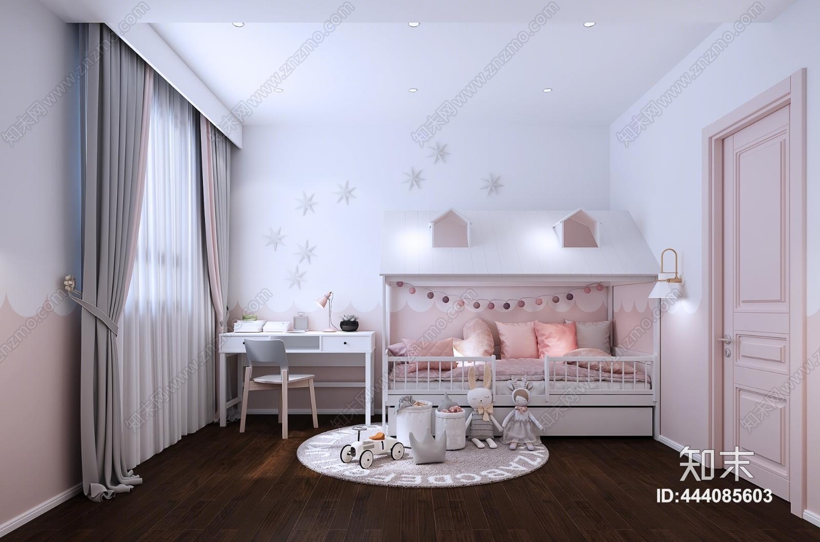 现代儿童房地毯玩具书桌椅窗帘3D模型下载【ID:444085603】