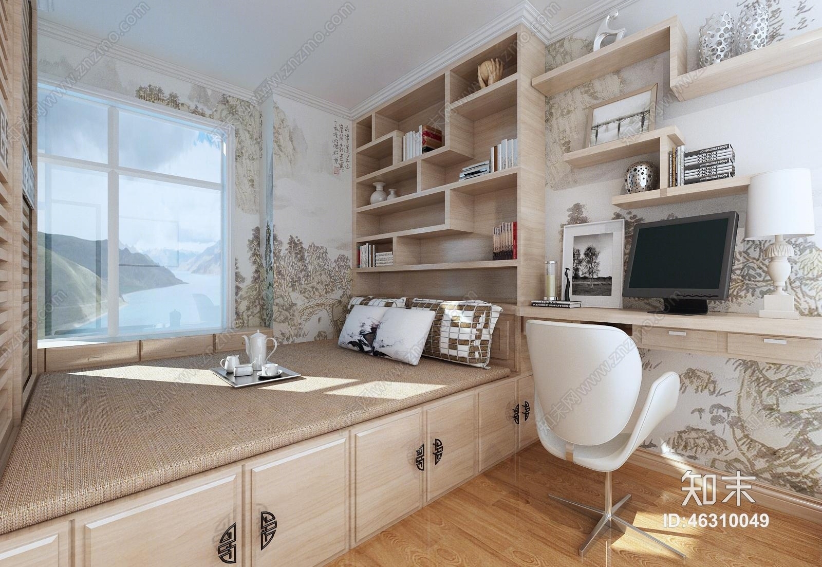 新中式榻榻米次卧3D模型下载【ID:46310049】