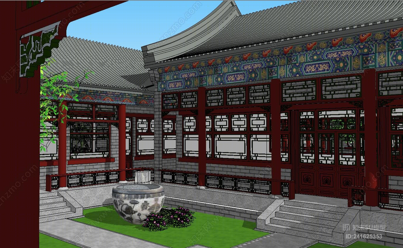 中式二进四合院SU模型下载【ID:241625353】