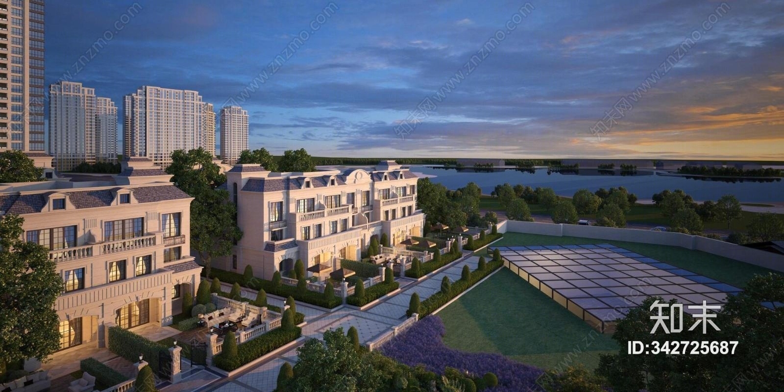 欧式古典豪华联排别墅建筑3D模型下载【ID:342725687】