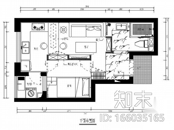 [福建]小户型一室一厅简约风格室内装修施工图（含效果）施工图下载【ID:166035165】