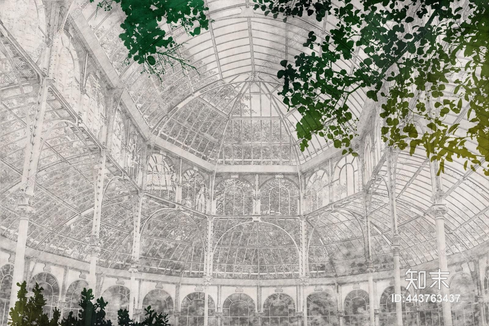 欧式建筑简约清新植物装饰壁纸壁画贴图下载【ID:443763437】