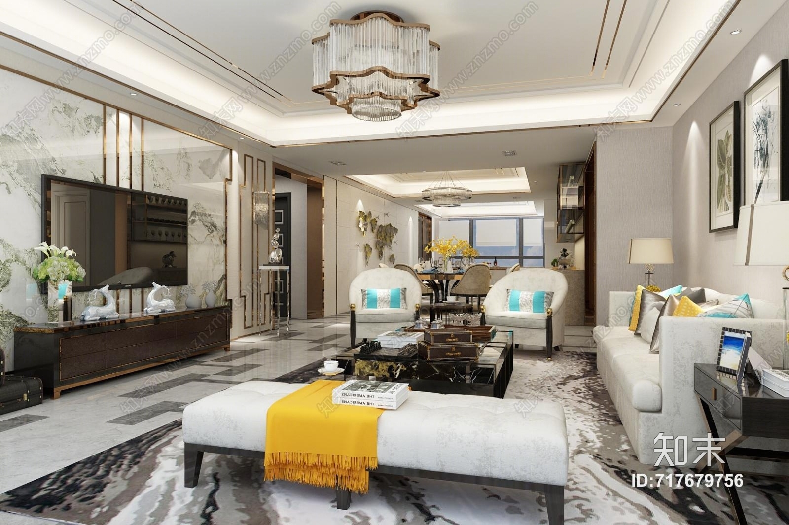 新中式客餐厅卧室3D模型下载【ID:717679756】