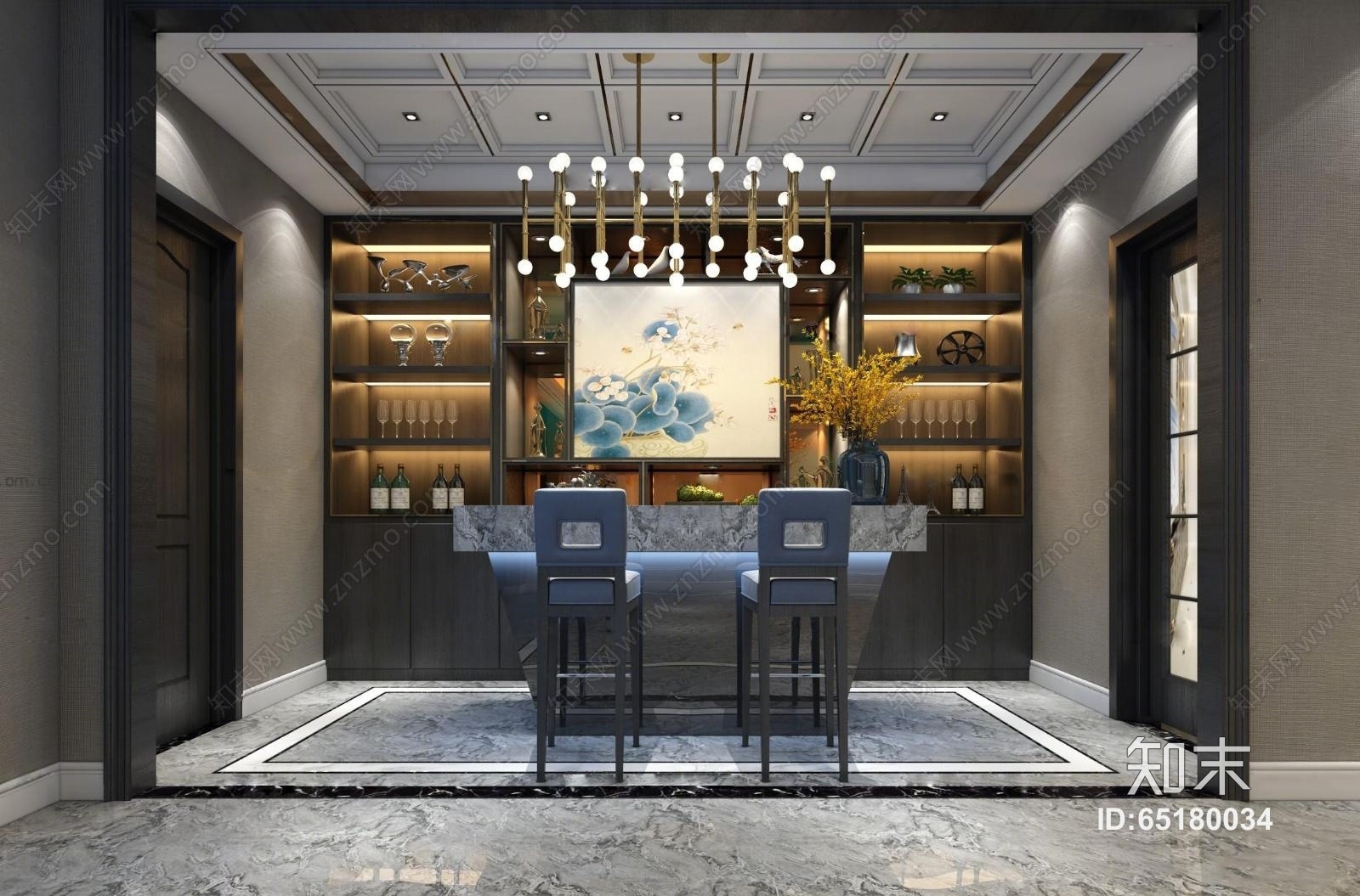 现代吧台吧台椅酒柜组合3D模型下载【ID:65180034】