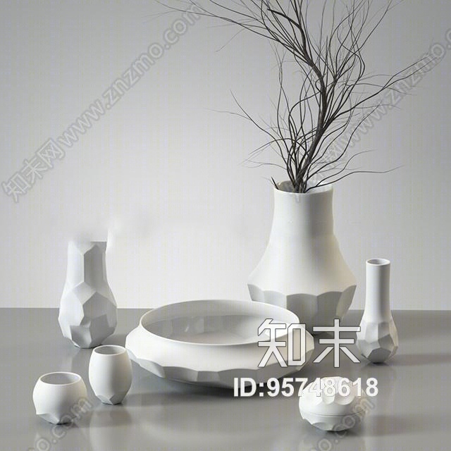 现代陶瓷花瓶干支器皿摆件组合3D模型下载【ID:95748618】