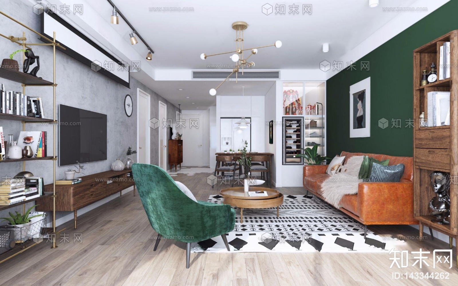 北欧复古客厅餐厅3D模型下载【ID:143344262】