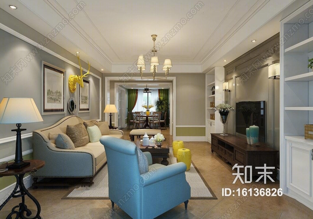 美式客厅餐厅组合3D模型下载【ID:16136826】
