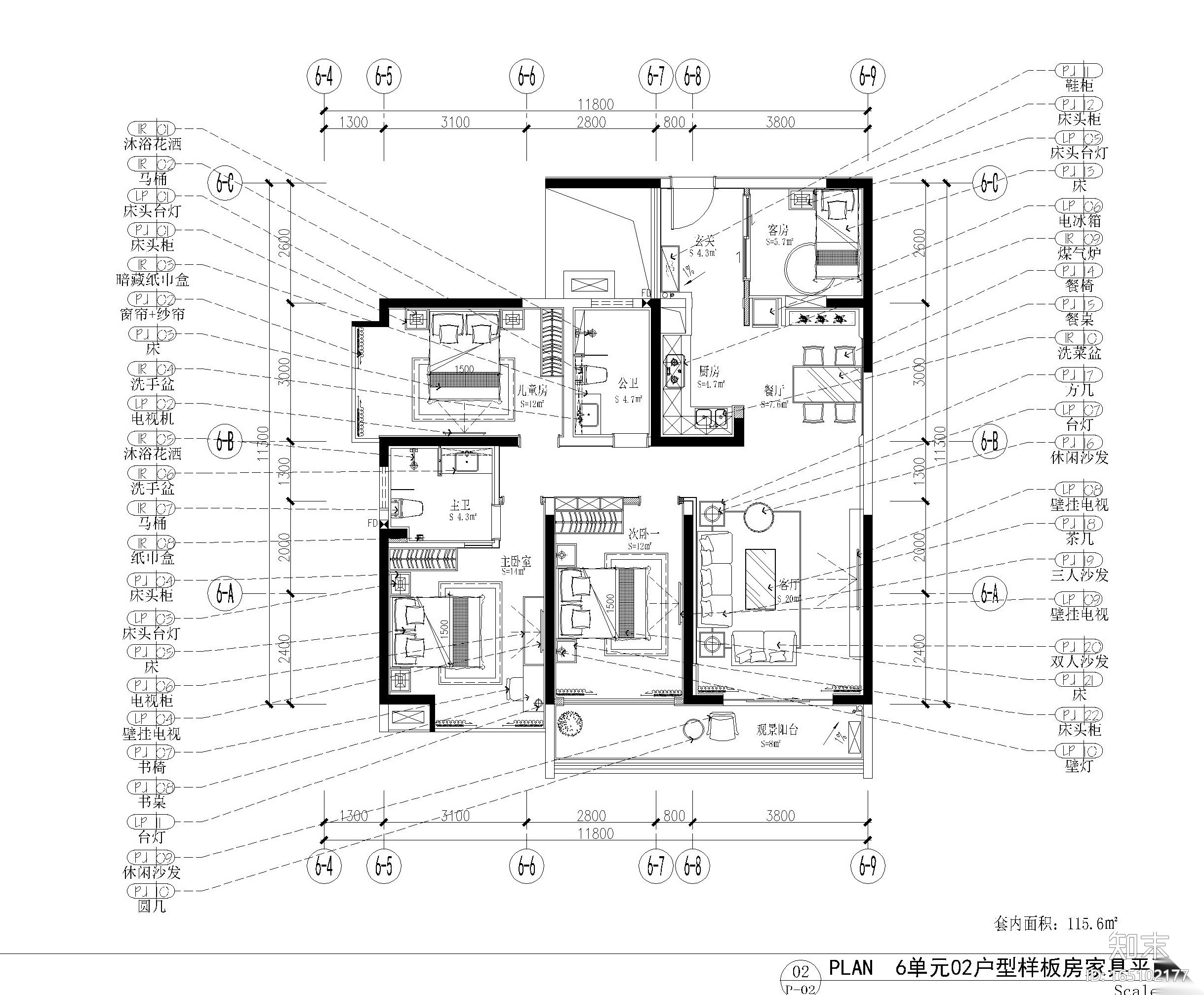 深圳115.6㎡四居室样板房装修施工图+效果图施工图下载【ID:165102177】