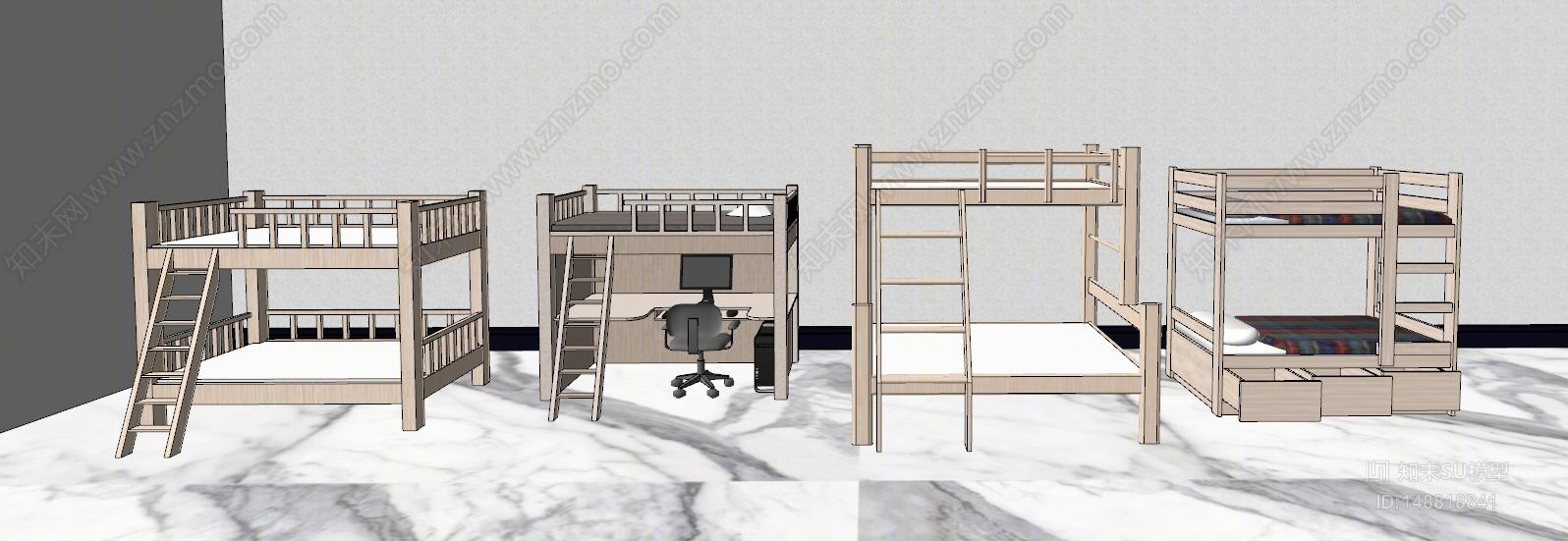 现代风格卧室儿童上下床SU模型下载【ID:148818841】