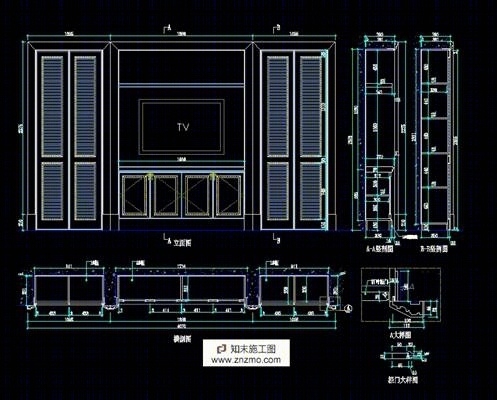 百叶柜门衣柜加电视柜详细施工图施工图下载【ID:36900677】