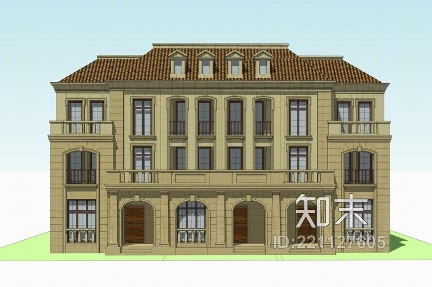 法式三联排别墅SU模型下载【ID:221127605】