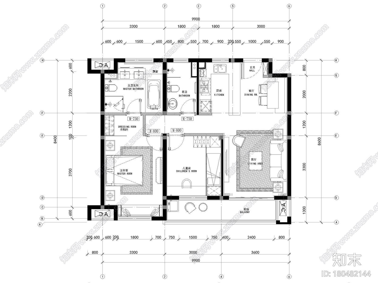 [苏州]鲁能79㎡三居家装样板间​装修施工图施工图下载【ID:180482144】