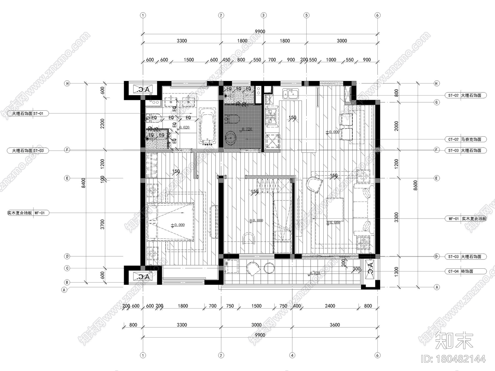 [苏州]鲁能79㎡三居家装样板间​装修施工图施工图下载【ID:180482144】