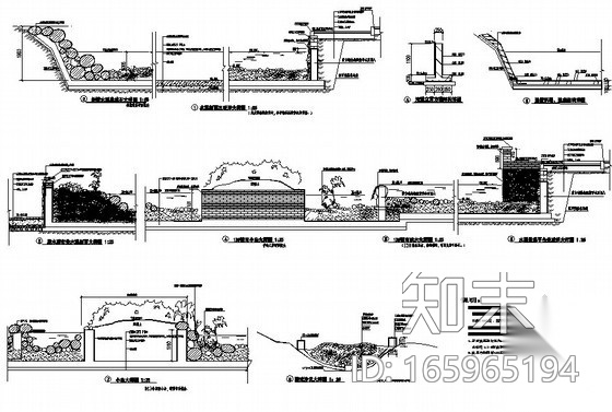 多种组合水景节点大样图cad施工图下载【ID:165965194】