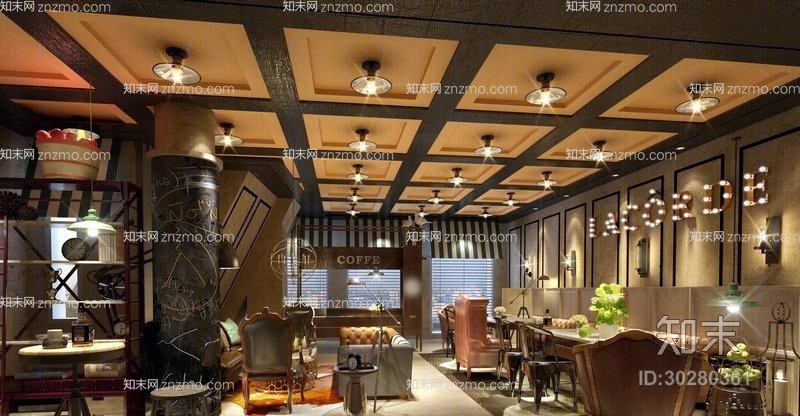 欧式新古典原木色咖啡厅3D模型下载【ID:30280361】