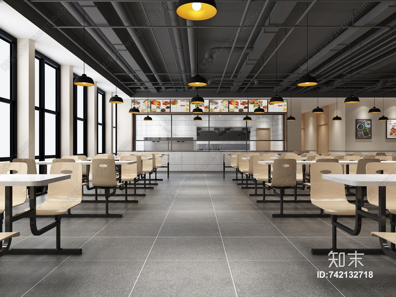 工业风工装食堂餐厅3D模型下载【ID:742132718】