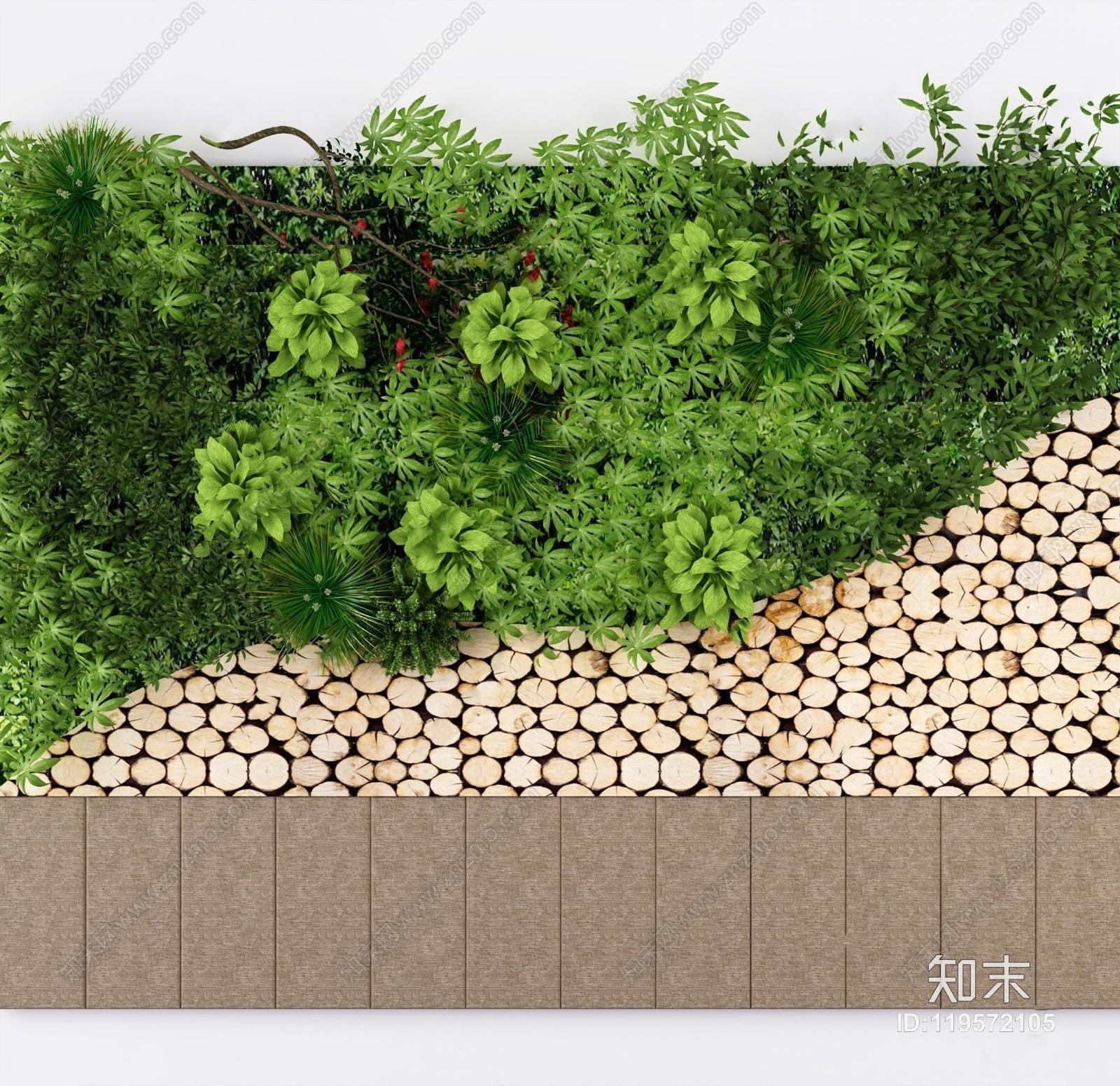 现代圆木绿植背景墙3D模型下载【ID:119572105】