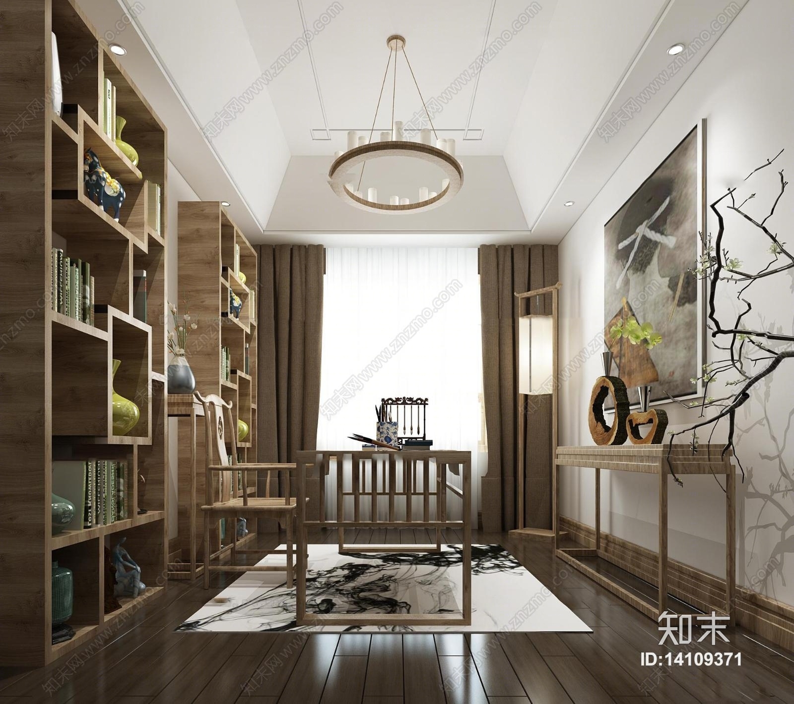 新中式书房3D模型渲染效果图