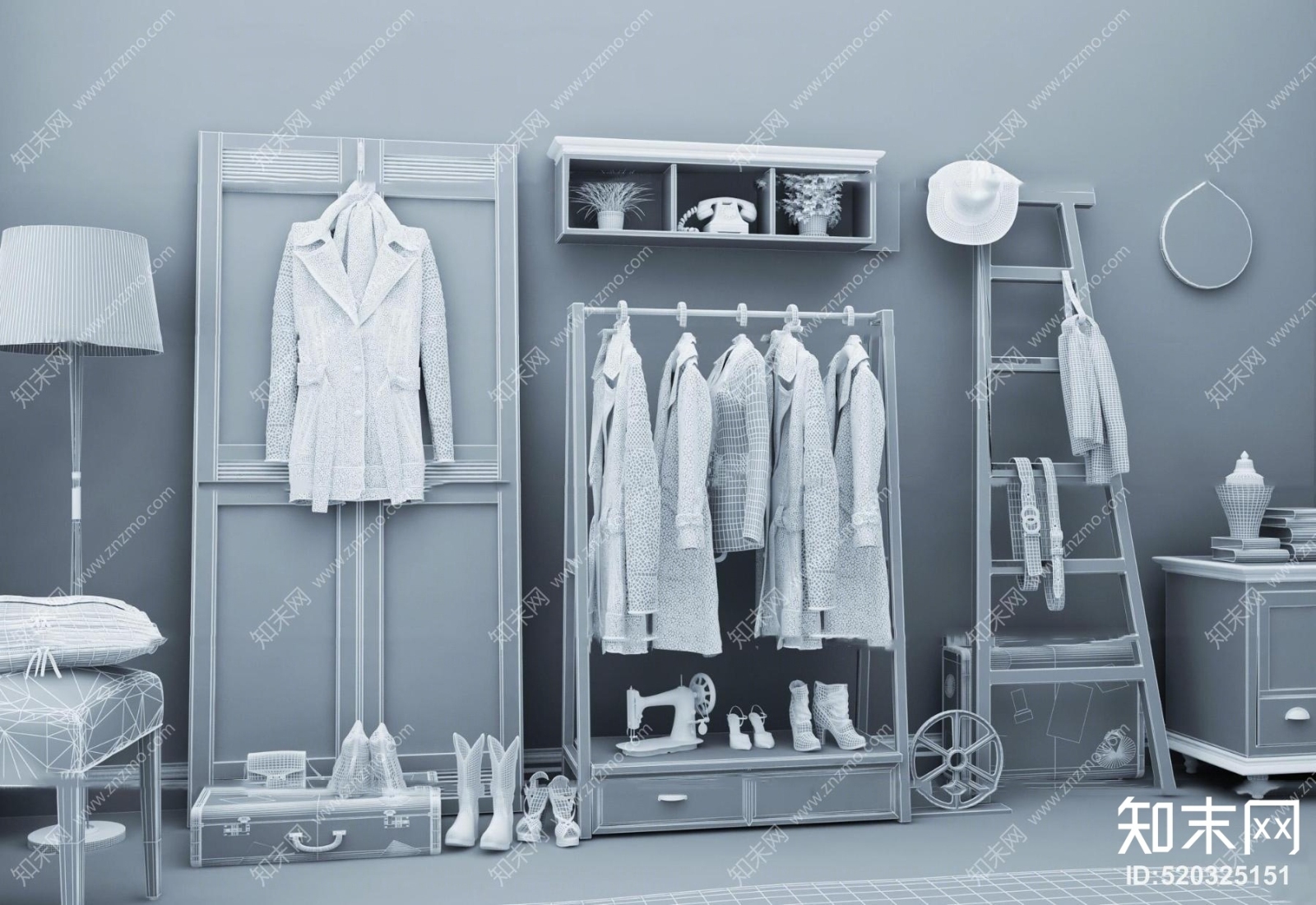 现代复古服饰展示架组合3D模型下载【ID:520325151】