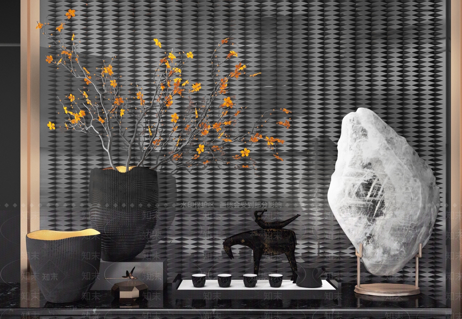 新中式花瓶玉石饰品摆件3D模型下载【ID:180289107】