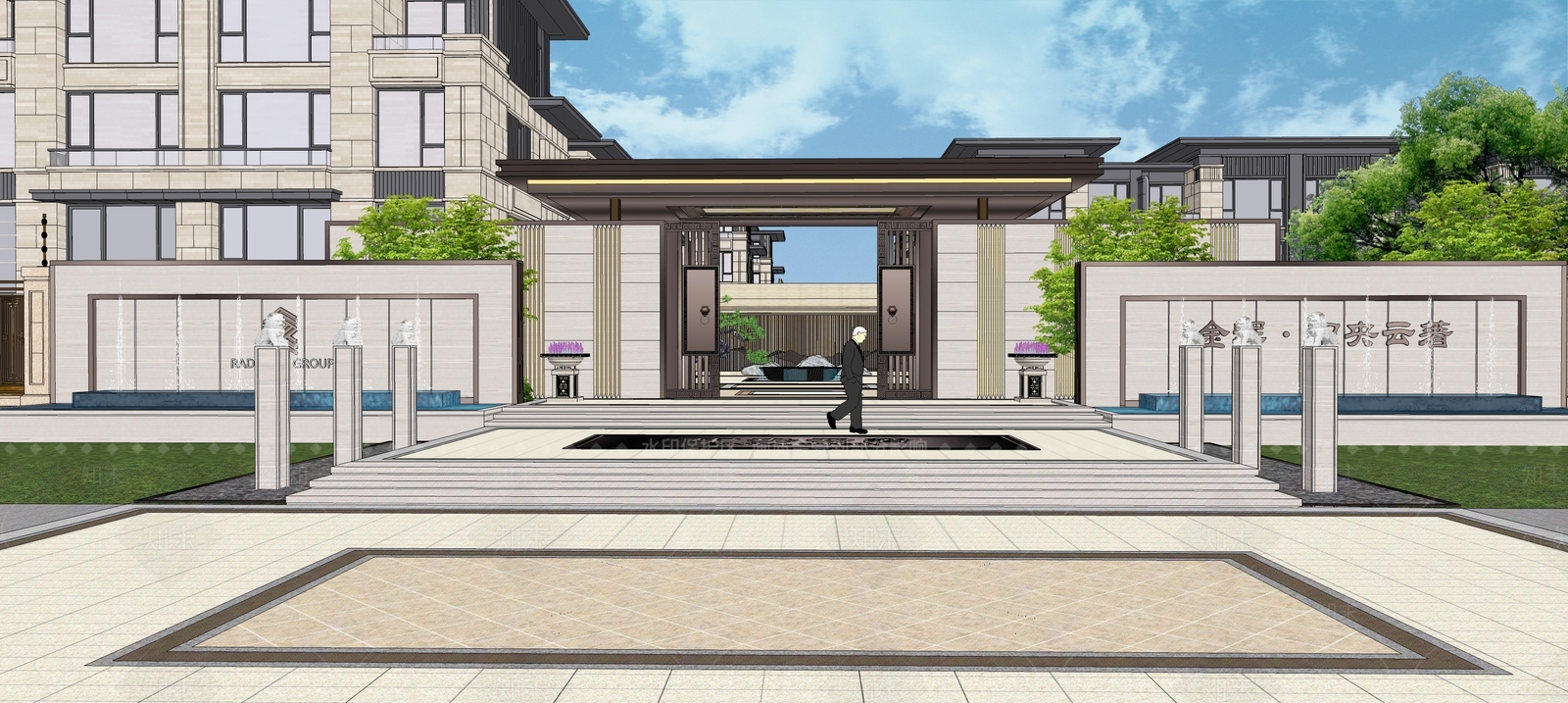 新中式住宅小区景观SU模型下载【ID:170445127】