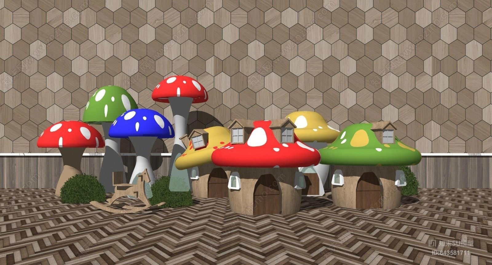 现代幼儿园蘑菇房SU模型下载【ID:643581711】