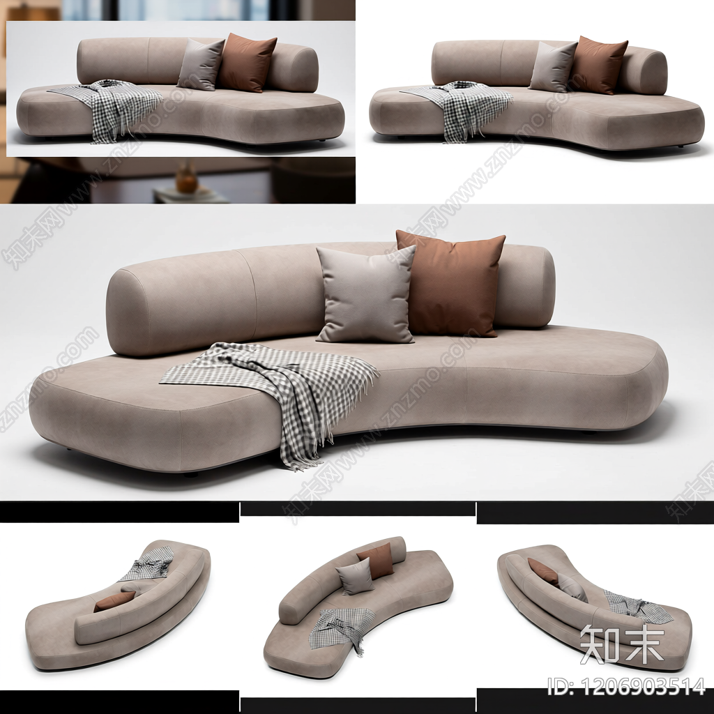 曲形布艺沙发带抱枕3D模型下载【ID:1206903514】
