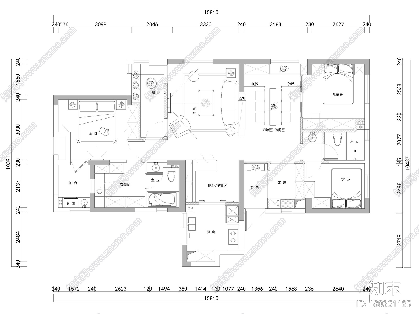 [武汉]110㎡三居家装样板间装修设计施工图cad施工图下载【ID:180361185】