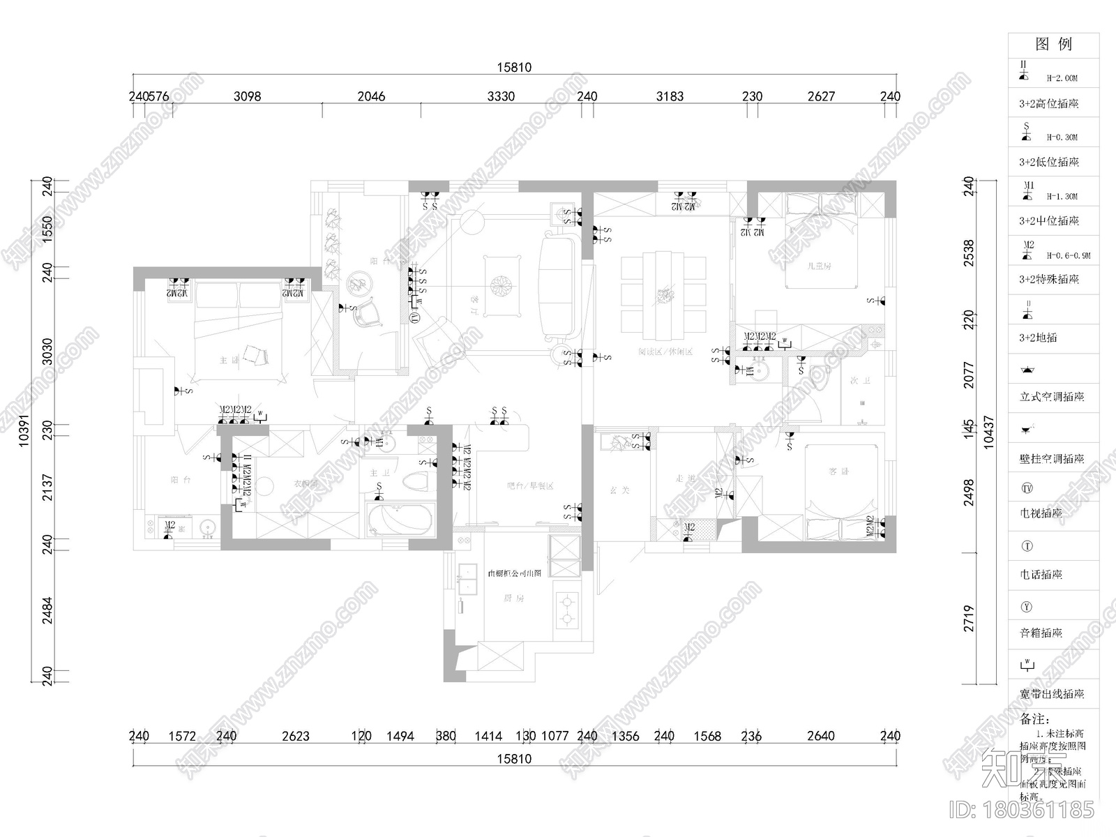 [武汉]110㎡三居家装样板间装修设计施工图cad施工图下载【ID:180361185】