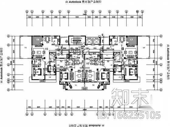 一梯四户高层住宅户型平面图施工图下载【ID:166235105】