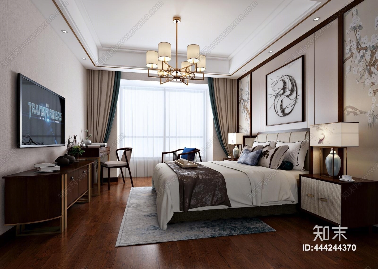 新中式卧室双人床电视柜3D模型下载【ID:444244370】