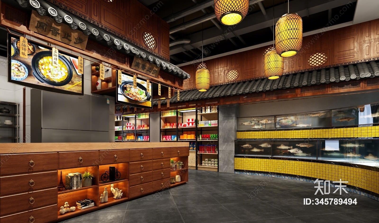 中式餐厅前台厨房3D模型下载【ID:345789494】